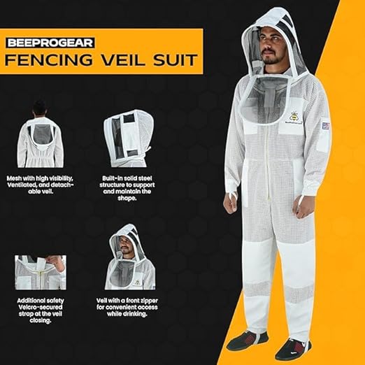 3-Layer Ventilated Beekeeping Suit with Fencing Veil Sting Proof