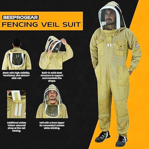 3-Layer Ultra Ventilated Beekeeping Suit with Fencing Veil | Sting-Proof Protection for Men & Women | Brown