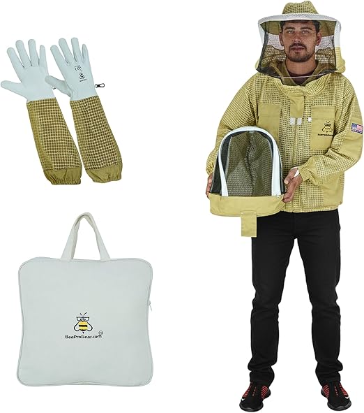 3-Layer Ventilated Bee Jacket with Veil Sting Proof Gloves Bag Unisex