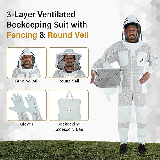3-Layer Ventilated Beekeeping Suit Dual Veil with Gloves Bag