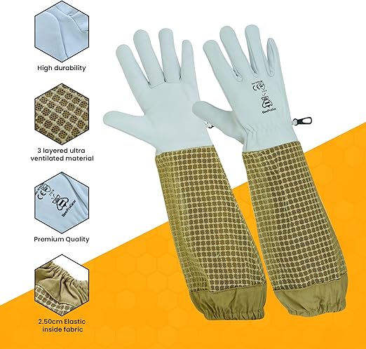Durable Goat Skin Beekeeper Gloves | Ultimate Protection for Beekeeping Suit & Jacket | Brown
