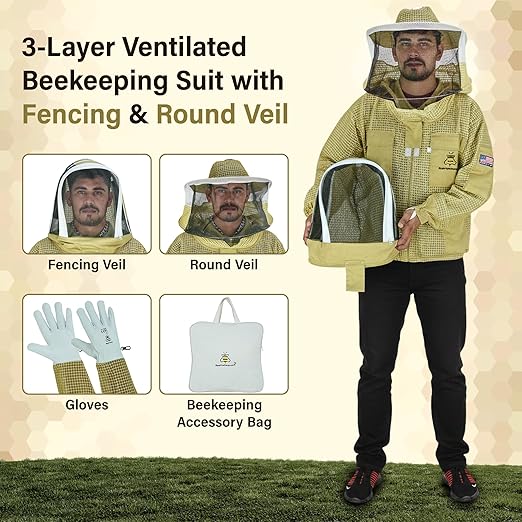 3-Layer Ventilated Bee Jacket with Veil Sting Proof Gloves Bag Unisex