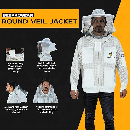 3-Layer Ultra Ventilated Beekeeping Jacket with Round Veil | Sting-Proof Mesh for Unisex Beekeepers | White