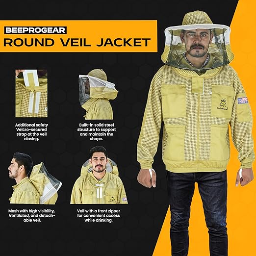 3-Layer Ultra Ventilated Beekeeping Jacket with Round Veil | Sting-Proof Protection | Brown