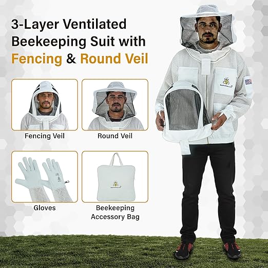 3-Layer Ultra Ventilated Sting-Proof Beekeeping Jacket with Dual Veil