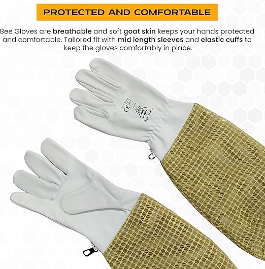 Durable Goat Skin Beekeeper Gloves | Ultimate Protection for Beekeeping Suit & Jacket | Brown