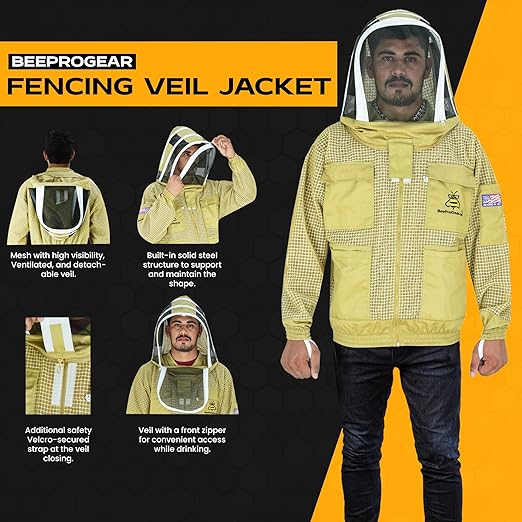 3-Layer Ultra Ventilated Beekeeping Jacket with Fencing Veil | Ultimate Sting-Proof Protection for Men & Women | Khaki