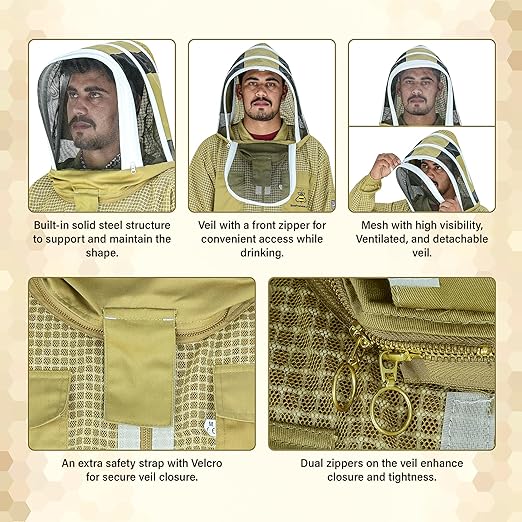 3-Layer Ventilated Bee Jacket with Veil Sting Proof Gloves Bag Unisex